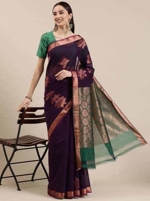 

The Chennai Silks Purple & Gold-Toned Ethnic Motifs Zari Silk Cotton Fusion Maheshwari Saree