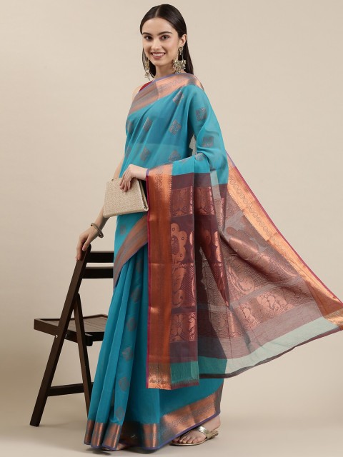 

The Chennai Silks Blue & Copper-Toned Ethnic Motifs Zari Silk Cotton Fusion Maheshwari Saree