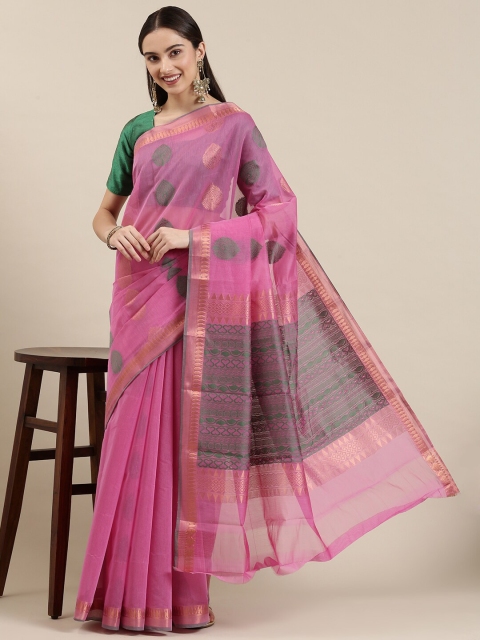 

The Chennai Silks Women Pink & Green Woven Design Zari Silk Cotton Fusion Maheshwari Saree
