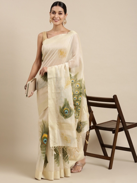 

The Chennai Silks Beige & Green Ethnic Motifs Zari Pure Cotton Fusion Chanderi Saree