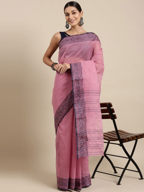 

The Chennai Silks Pink & Grey Ethnic Motifs Pure Cotton Fusion Taant Saree