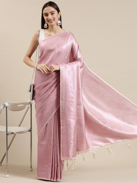 

The Chennai Silks Pink & Silver-Toned Floral Zari Art Silk Fusion Banarasi Saree