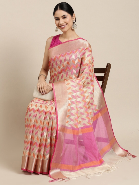 

The Chennai Silks Off White & Pink Zari Supernet Fusion Kota Saree