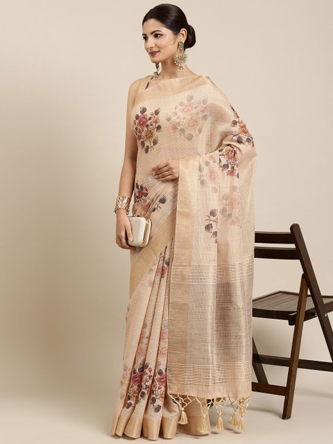 

The Chennai Silks Beige & Brown Floral Zari Pure Cotton Fusion Saree