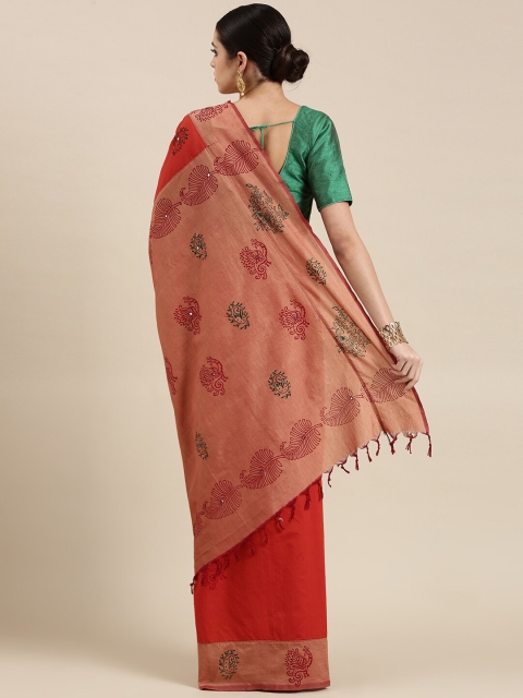 

The Chennai Silks Burgundy & Green Floral Mirror Work Fusion Block Print Saree