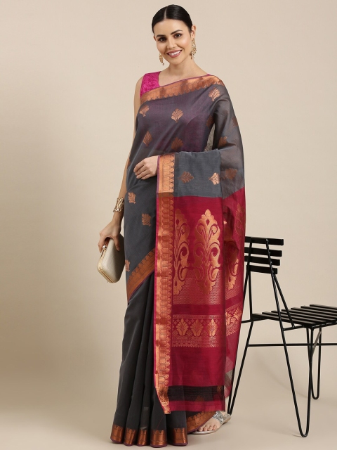 

The Chennai Silks Grey & Maroon Woven Design Zari Silk Cotton Fusion Maheshwari Saree