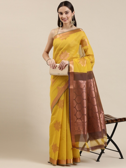 

The Chennai Silks Mustard & Gold-Toned Ethnic Motifs Zari Silk Cotton Maheshwari Saree