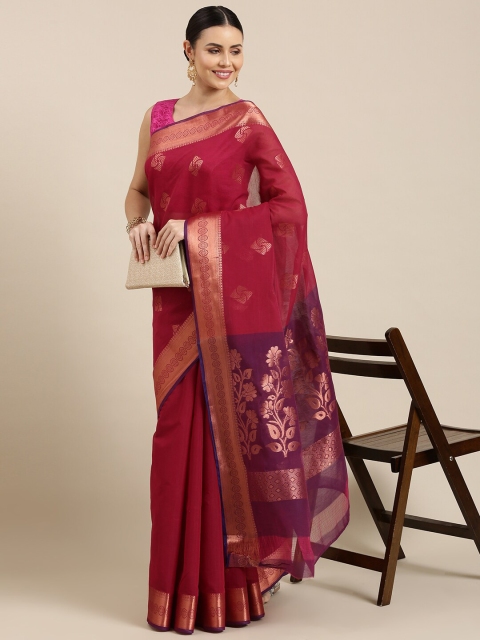 

The Chennai Silks Maroon & Purple Ethnic Motifs Zari Silk Cotton Maheshwari Saree
