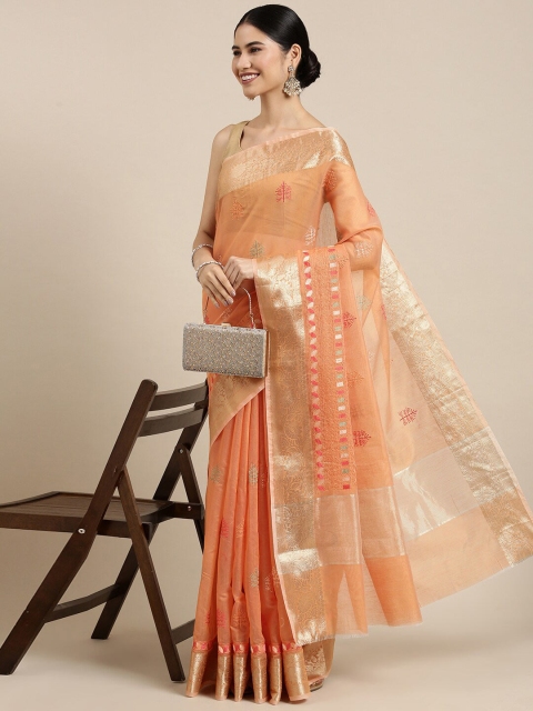 

The Chennai Silks Orange & Silver-Toned Woven Design Embroidered Pure Cotton Fusion Chanderi Saree