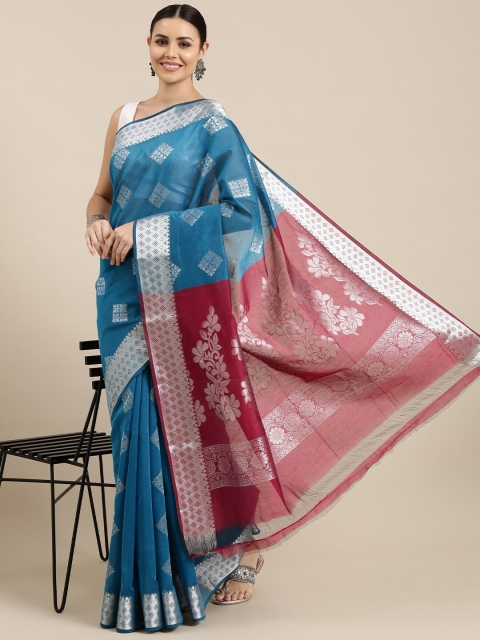 

The Chennai Silks Blue & Purple Ethnic Motifs Zari Silk Cotton Maheshwari Saree