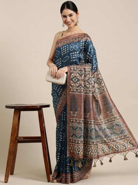 

The Chennai Silks Blue & Brown Bandhani Pure Cotton Fusion Saree