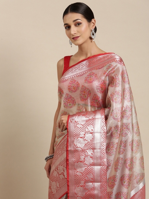 

The Chennai Silks Silver-Toned & Red Ethnic Motifs Organza Banarasi Saree