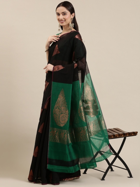 

The Chennai Silks Black & Green Ethnic Motifs Zari Silk Cotton Fusion Maheshwari Saree