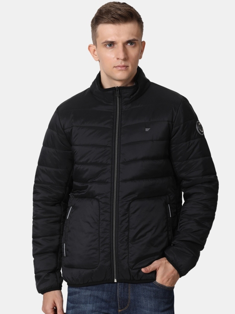 

t-base Men Black Windcheater and Water Resistant Puffer Jacket with Patchwork