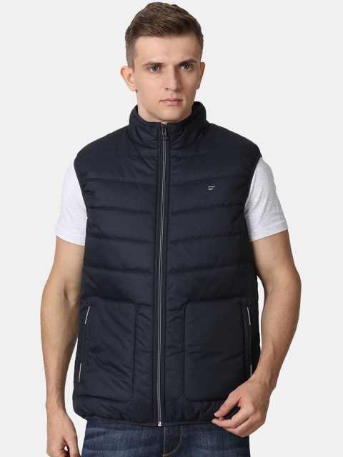 

t-base Men Navy Blue Windcheater and Water Resistant Puffer Jacket