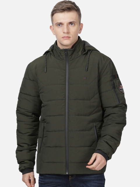 

t-base Men Olive Green Windcheater and Water Resistant Puffer Jacket