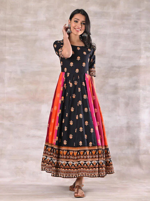 

Rustorange Black Ethnic Motifs Crepe Maxi Dress