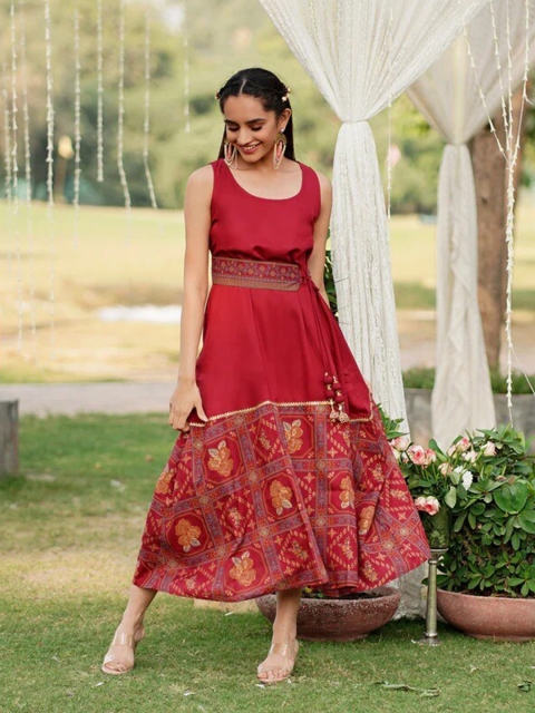 

Rustorange Maroon Ethnic Motifs Crepe Maxi Dress