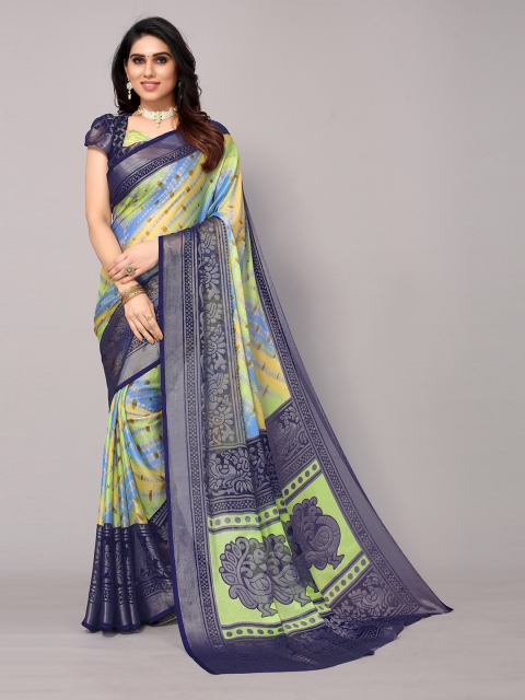 

Winza Designer Women Navy Blue & Green Tie and Dye Zari Pure Chiffon Leheriya Saree