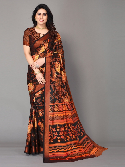 

Winza Designer Women Black & Orange Floral Zari Pure Chiffon Bagh Saree