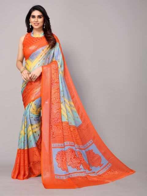 

Winza Designer Orange & Blue Tie and Dye Zari Pure Chiffon Leheriya Saree