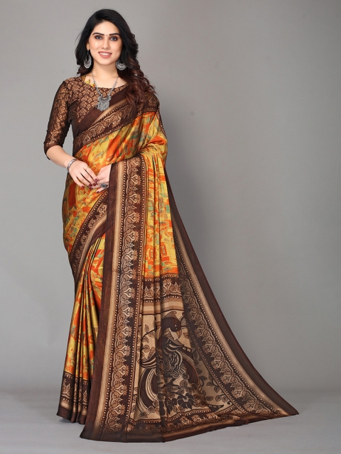 

Winza Designer Brown & Yellow Ethnic Motifs Zari Pure Chiffon Block Print Saree