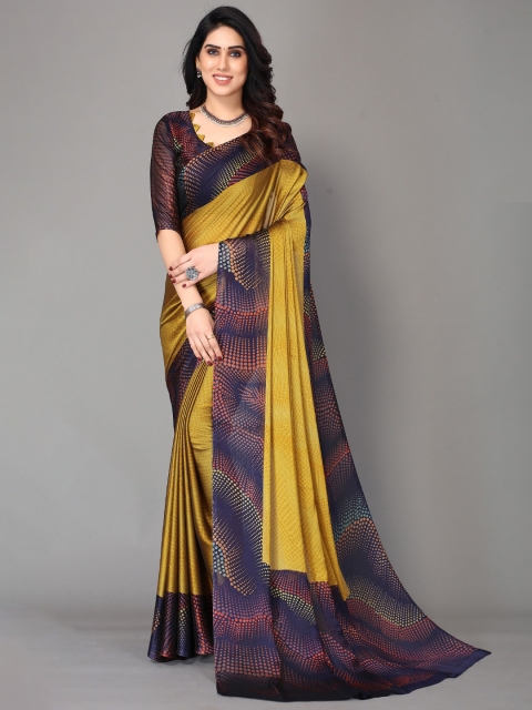 

Winza Designer Mustard & Navy Blue Zari Pure Chiffon Fusion Saree