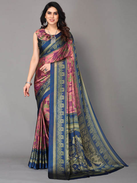 

Winza Designer Women Blue & Pink Zari Pure Chiffon Block Print Saree