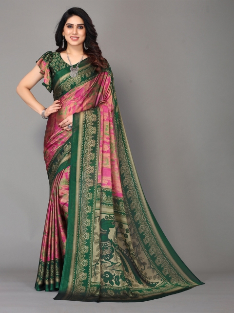 

Winza Designer Women Green & Pink Pure Chiffon Block Print Saree