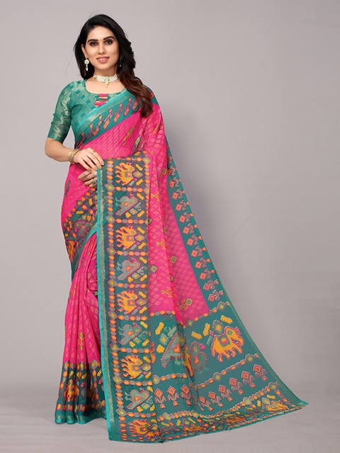 

Winza Designer Pink & Yellow Woven Design Zari Pure Chiffon Pochampally Saree