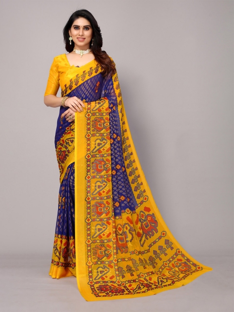 

Winza Designer Blue & Yellow Kalamkari Zari Pure Chiffon Pochampally Saree