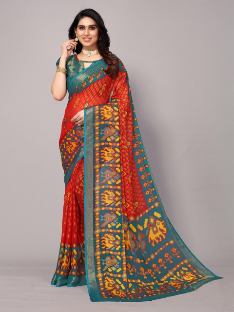 

Winza Designer Orange & Green Kalamkari Zari Pure Chiffon Pochampally Saree