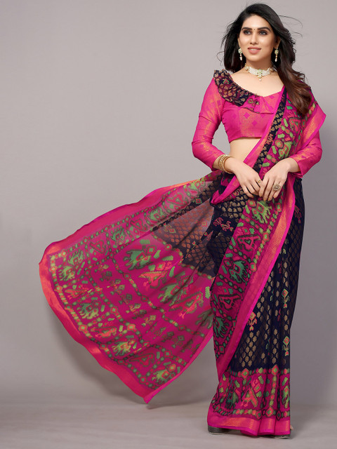 

Winza Designer Navy Blue & Pink Kalamkari Zari Pure Chiffon Pochampally Saree