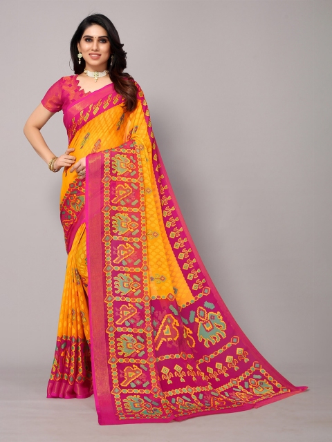 

Winza Designer Yellow & Pink Kalamkari Zari Pure Chiffon Pochampally Saree