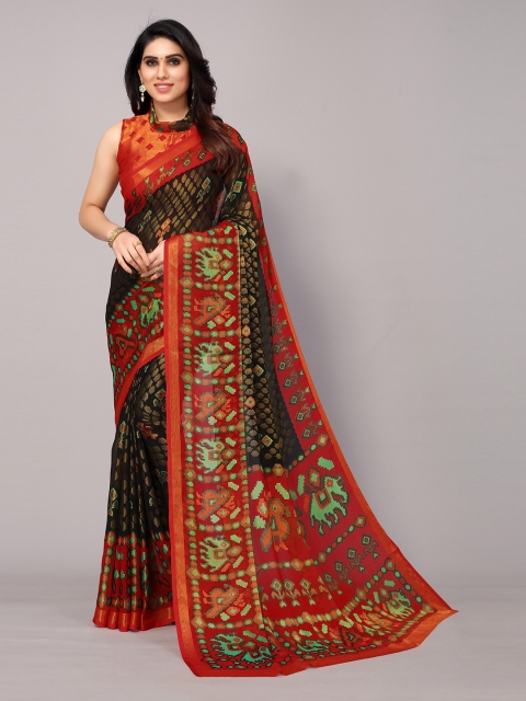 

Winza Designer Black & Red Kalamkari Zari Pure Chiffon Pochampally Saree