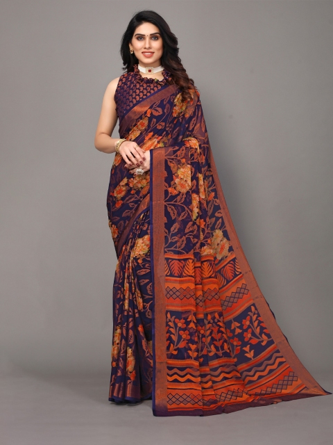 

Winza Designer Navy Blue & Gold-Toned Floral woven Zari Pure Chiffon Bagh woven Saree