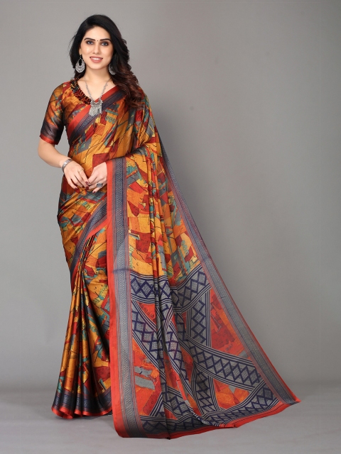 

Winza Designer Navy Blue & Mustard Pure Chiffon Saree