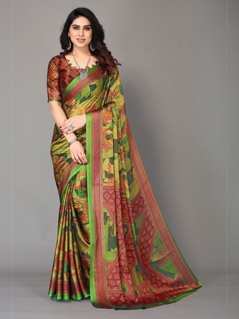 

Winza Designer Green & Brown Ethnic Motifs Pure Chiffon Block Print Saree