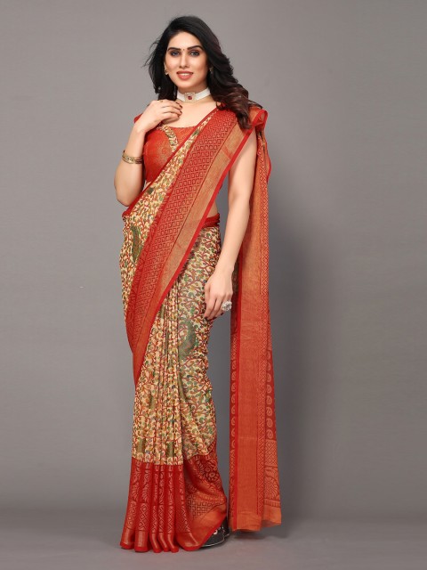 

Winza Designer Red & Green Floral Zari Pure Chiffon Fusion Banarasi Saree