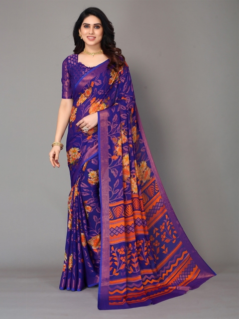 

Winza Designer Blue & Gold-Toned Floral Zari Pure Chiffon Bagh Saree