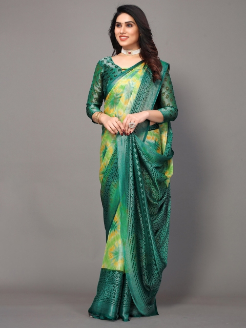 

Winza Designer Green & Silver-Toned Tie and Dye Zari Pure Chiffon Bandhani Saree