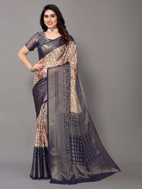 

Winza Designer Navy Blue & Beige Floral Zari Pure Chiffon Fusion Banarasi Saree