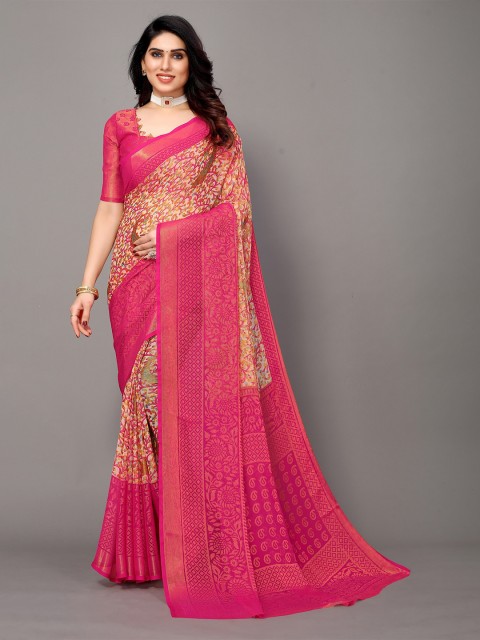 

Winza Designer Pink & Gold-Toned Ombre Zari Pure Chiffon Fusion Banarasi Saree