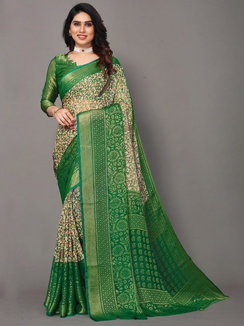 

Winza Designer Green & Gold-Toned Floral Zari Pure Chiffon Fusion Banarasi Saree