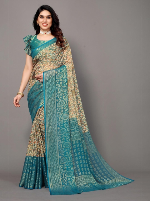 

Winza Designer Teal & Beige Floral Zari Pure Chiffon Fusion Banarasi Saree