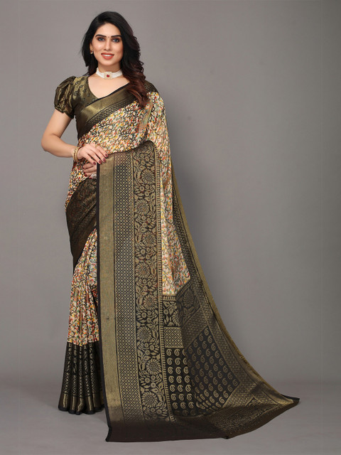 

Winza Designer Black & Gold-Toned Floral Zari Pure Chiffon Fusion Banarasi Saree