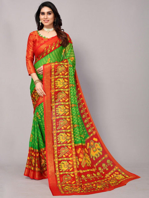 

Winza Designer Green & Red Kalamkari Zari Pure Chiffon Pochampally Saree
