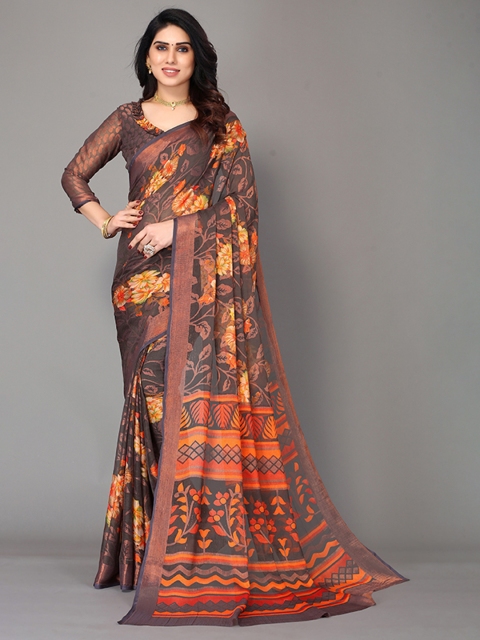 

Winza Designer Grey & Yellow Floral Zari Pure Chiffon Bagh Saree