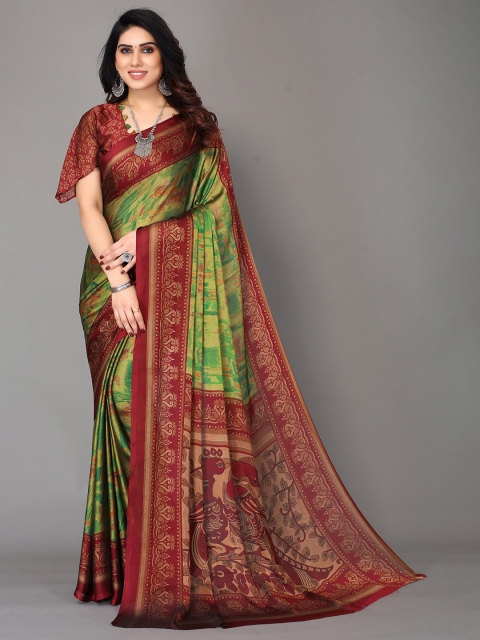 

Winza Designer Sea Green & Maroon Ethnic Motifs Zari Pure Chiffon Block Print Saree