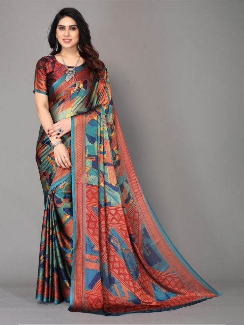 

Winza Designer Red & Blue Pure Chiffon Block Print Saree